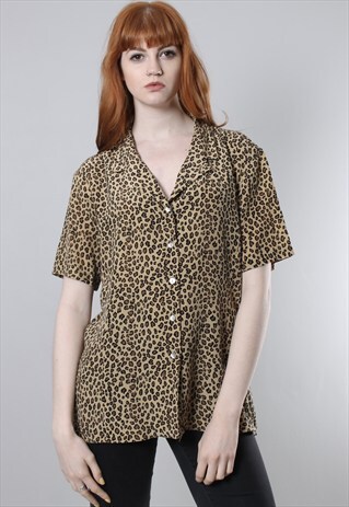 VINTAGE 80S SILK LEOPARD PRINT PATTERNED BLOUSE TOP