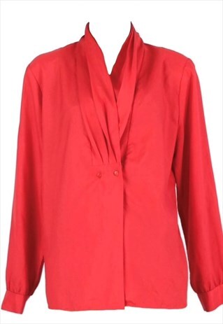 VINTAGE BLOUSE 70S MOD RED PLEATED V-NECK LONG SLEEVE