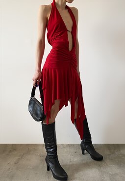 Vintage Y2K 00s red asymmetric draped dress with rhinestones