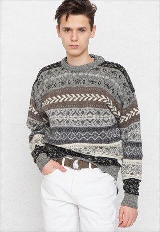 VINTAGE GREY BROWN BURTON EVOLIUTION KNIT JUMPER SWEATER