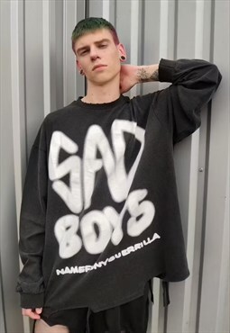 Sad boys slogan top graffiti sweat ripped jumper in black