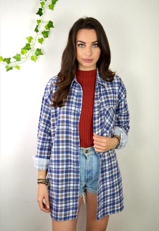 90S VINTAGE BLUE & WHITE CHECKED FLANNEL SHIRT
