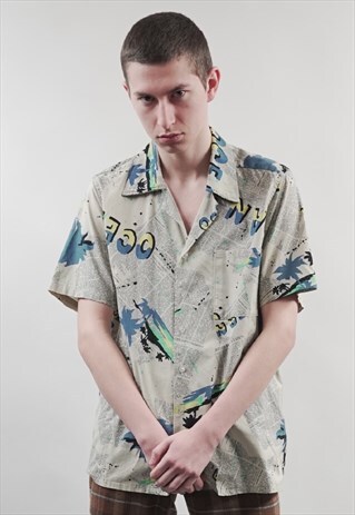 VINTAGE 90'S PREMIUM NEWSPAPER PRINT HAWAIIAN SHIRT