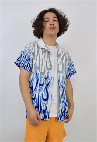 VINTAGE 90'S WHITE & BLUE FLAME PRINTED FESTIVAL SHIRT