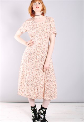 VINTAGE 80S FLORAL PATTERNED BUTTON TIE BACK MIDI DRESS
