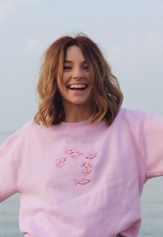 UNISEX SWEATSHIRT IN PINK WITH SHARK EMBROIDERY