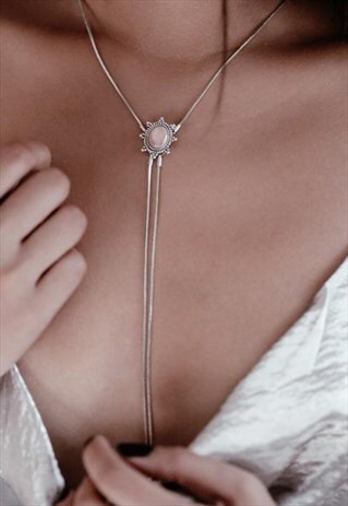 ROMANCED PINK PEARL LARIAT DROP SILVER NECKLACE