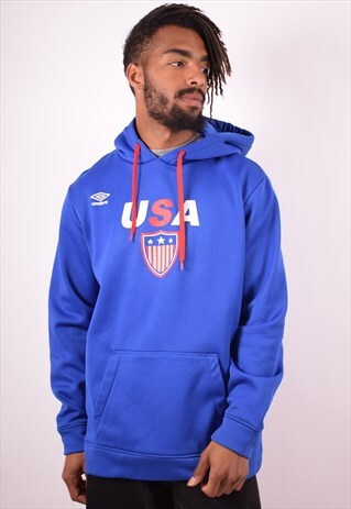 UMBRO MENS VINTAGE USA HOODIE JUMPER LARGE BLUE 90S