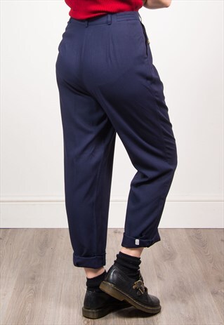 VINTAGE 90'S NAVY BLUE HIGH WAIST TAPERED TROUSERS