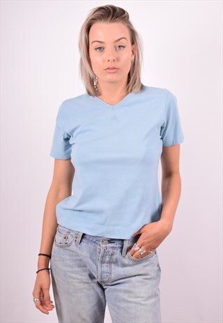 ADIDAS WOMENS VINTAGE T-SHIRT TOP MEDIUM BLUE 90'S