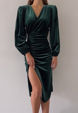 Eva Midi Velvet Ruched Christmas Party Dress in Green