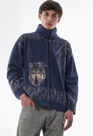 VINTAGE WOLFES GRAPHIC PRINTED FULL ZIP JACKET 90S BLUE