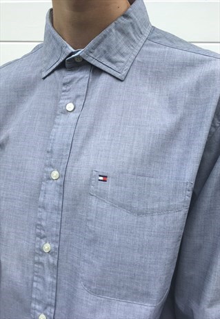 MENS TOMMY HILFIGER GREY BLUE LONG SLEEVE BUTTON UP SHIRT