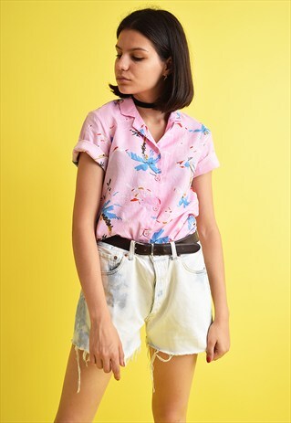 90'S RETRO MOD ABSTRACT PINK PALM PATTERN SHIRT