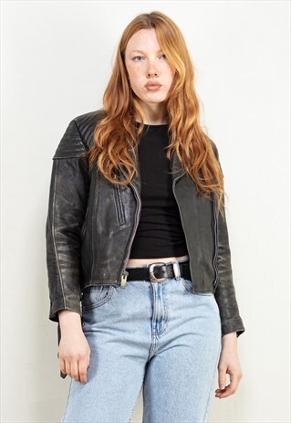 VINTAGE 70'S WOMEN DISTRESSED BIKER JACKET IN BLACK