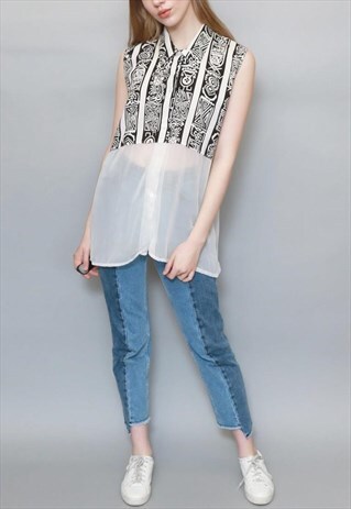 VINTAGE 1990'S SLEEVELESS BLACK AND WHITE AZTEC PRINT SHIRT