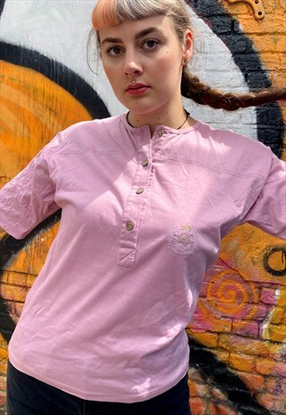 VINTAGE 80S T-SHIRT IN PINK WITH EMBROIDERY AND BUTTONS