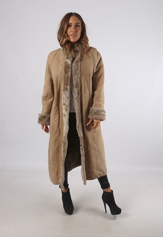 VINTAGE SHEEPSKIN SUEDE SHEARLING COAT LONG UK 12 M (K93F)