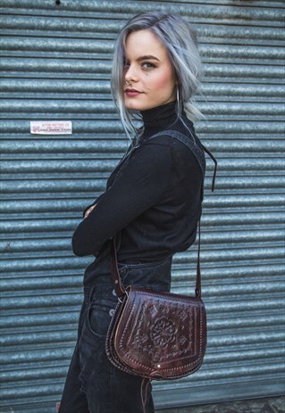 HAND CARVED LEATHER SADDLE BAG SATCHEL (DARK BROWN)