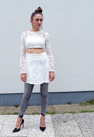VINTAGE 90S BISHOP SLEEVES CROPPED WAIST LACE DRESS
