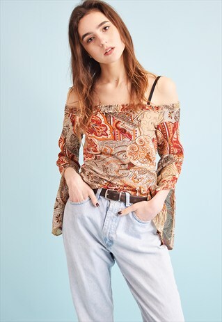 90'S RETRO BOHO ORIENTAL PRINT KITSCH OFF-SHOULDER TOP