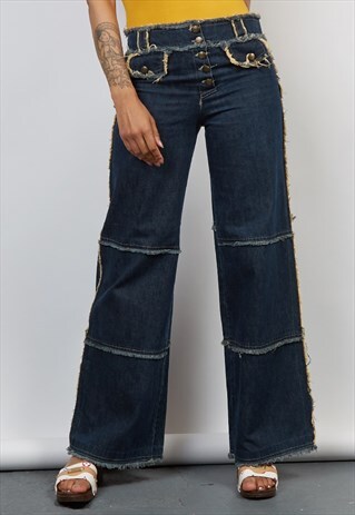 VINTAGE 90'S JUST CAVALLI DARK-WASH WIDE LEG FRAY JEANS