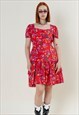 VINTAGE 80S WESTERN RED&FLORAL SQUARE NECK MIDI DRESS M