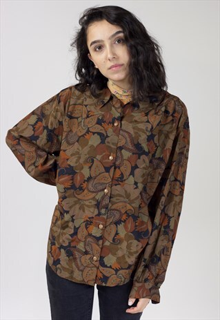 VINTAGE 90'S BROWN FLORAL PATTERN BLOUSE