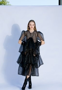 Black Organza Ruffles Maxi Avant Garde Dress 