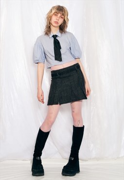 Vintage Skirt Y2K Preppy Pleated Slit Mini in Grey Wool