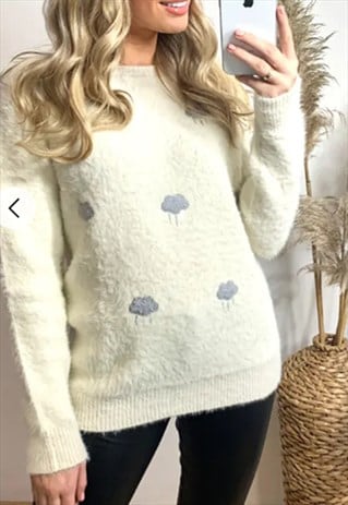 Long Sleeve Fluffy Jumper with Cloud Design in cream