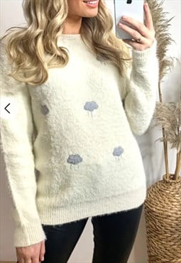 Long Sleeve Fluffy Jumper with Cloud Design in cream