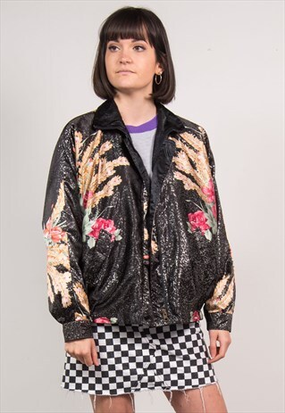 VINTAGE 90'S BLACK FLORAL BOMBER JACKET