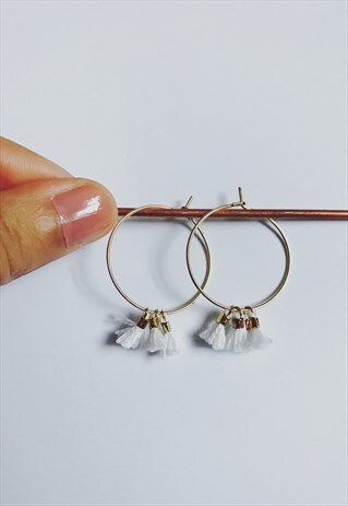 WHITE MINI TASSEL GOLD HOOPS