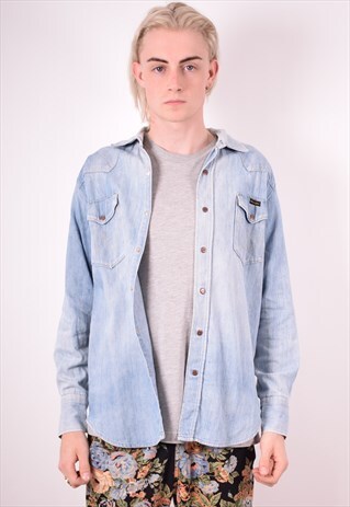 WRANGLER MENS VINTAGE DENIM SHIRT LARGE BLUE 90S