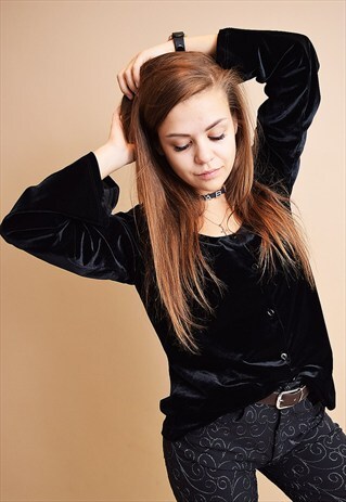 LOVELY 90'S RETRO MINIMALIST VELVET BLACK BLOUSE TOP