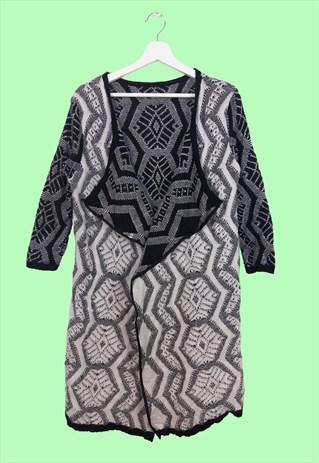 VINTAGE 90'S GRAPHIC FOLK PRINT OPEN CARDIGAN 3/4 SLEEVES