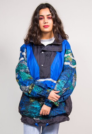 90'S VINTAGE BLUE PATTERNED PULLOVER CAGOULE JACKET