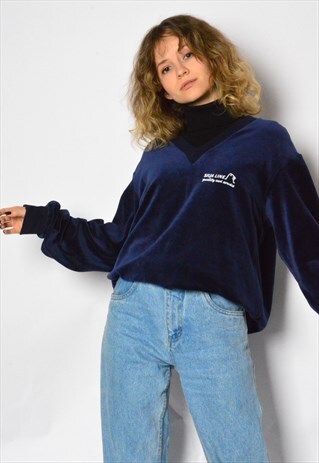 VINTAGE 90S NAVY BLUE MINIMALIST V-NECK VELVET SWEATSHIRT