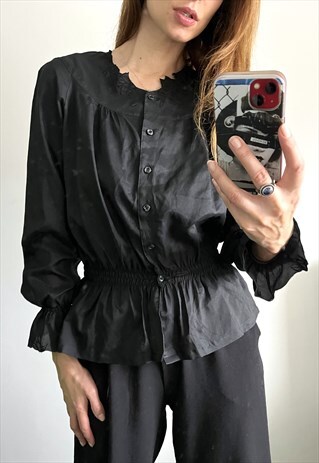TRIM HEM LACE NECK BLACK VINTAGE TAILORED TOP BLOUSE S