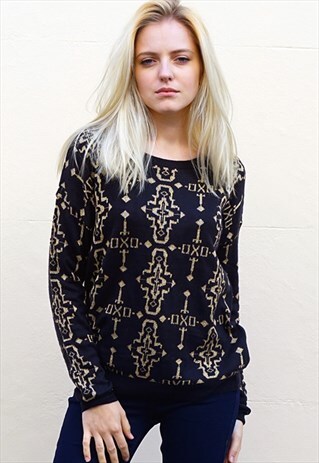 FAIRISLE FOLK CROSS GOLD PRINT KNITTED JUMPER CY