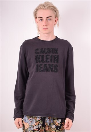 CALVIN KLEIN MENS VINTAGE SWEATSHIRT JUMPER MEDIUM BLACK 90S