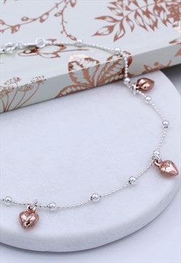 Anklet in Sterling Silver with 18ct Rose Gold vermeil Hearts