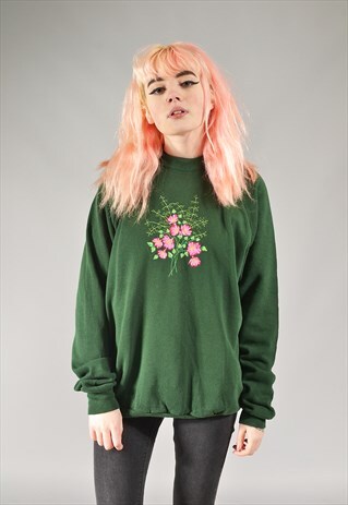 VINTAGE GREEN EMBROIDERED FLORAL SWEATER