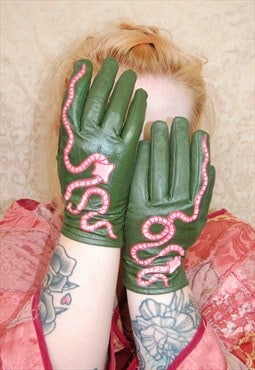 Green Leather Worm Gloves Hand Painted Kid Core Grunge 