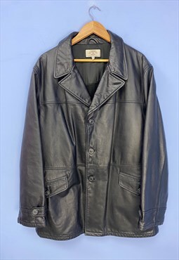 Vintage Black Leather Jacket Button Up Casual