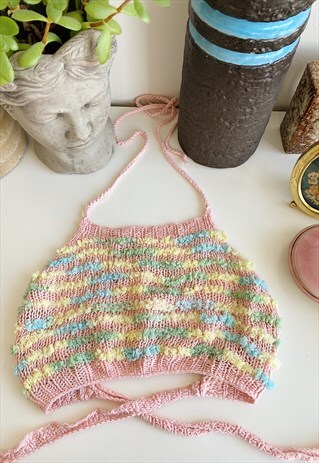 70S STYLE BOHO FESTIVAL FURRY FLUFFY CROCHET HALTER CROP TOP