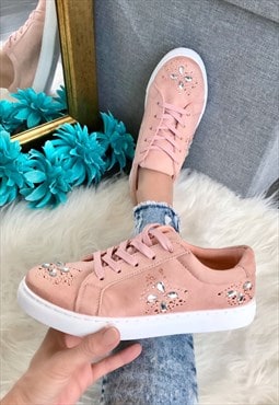 Pink Faux Suede Sequin Trainers