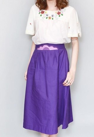 VINTAGE 1970'S PURPLE EMBROIDERED COTTON A LINE MIDI SKIRT