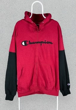 Vintage Champion Red Black Hoodie Spell Out Zip Up Mens XXL